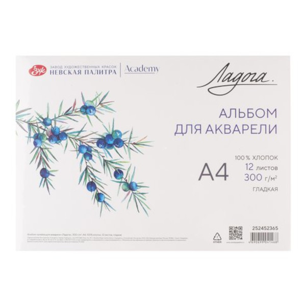 Альбом для акварели А4 12л, 300г/м2, склейка "Ладога" средля круп зерно/гладк 252452365 НевскаяПалитра