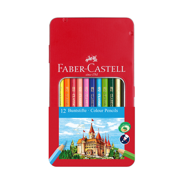 Карандаши 12цв, дерево, 6-гран. "Замок" метал.уп. 115801 Faber-Castell