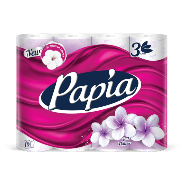 Бумага туалетная 3-слойная Papia "Балийский Цветок" 9,5см*16,8м, втулка (1уп*12рул.) 5058576/5064990