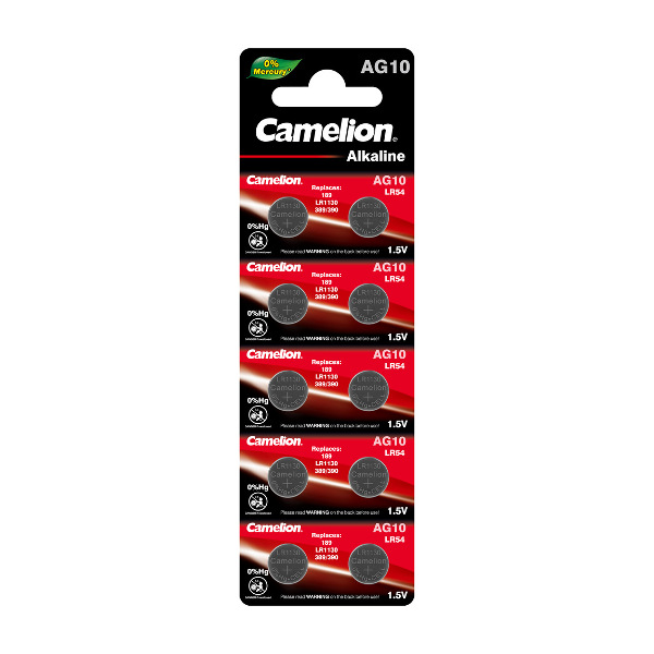 Батарейка Camelion AG10 (389A/LR1130/LR54/189) BL10 щелочной диск 1шт